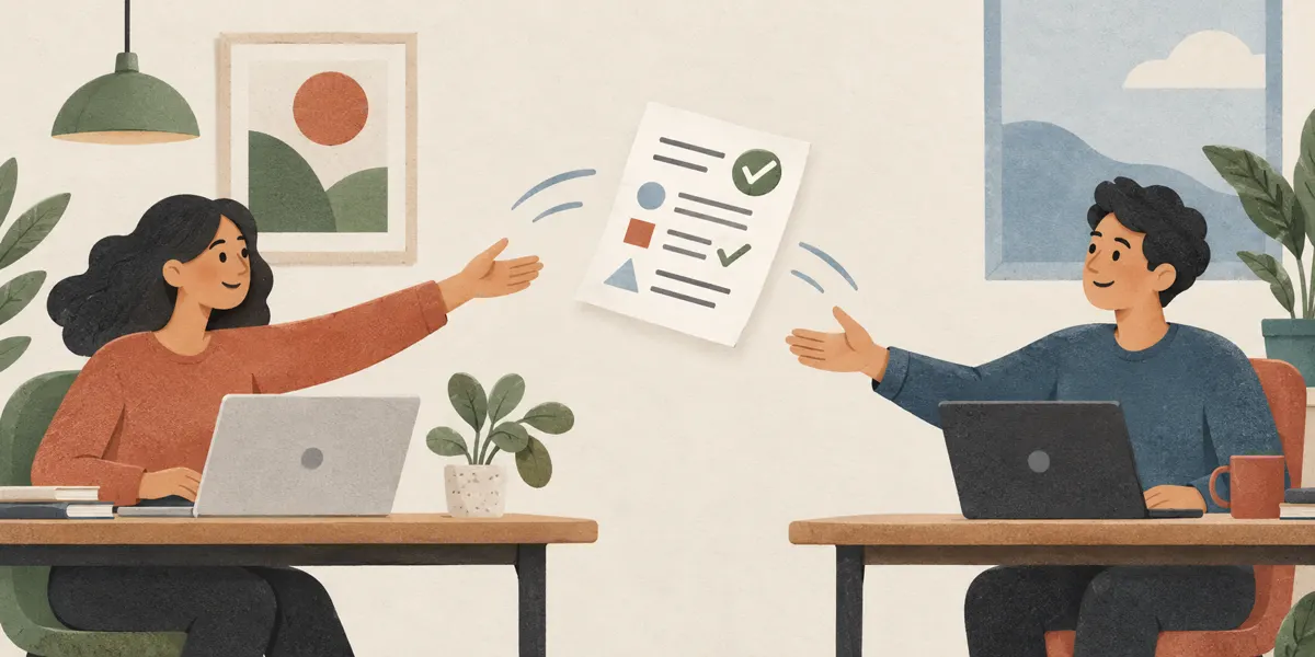 Ilustracja przekazywania uporządkowanej notatki z zadaniem między dwoma stanowiskami pracy.